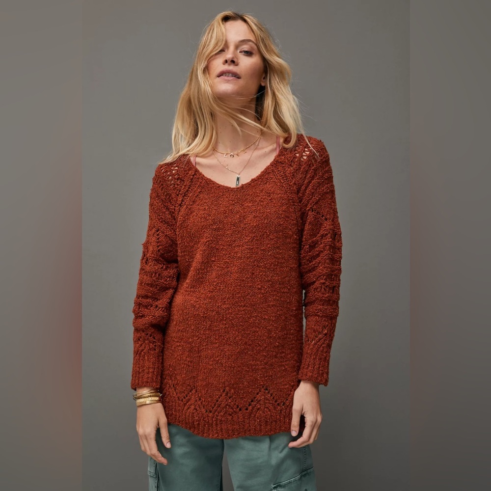 Pilcro Luna Pointelle Tunic Sweater‎ Rust Brown Cottagecore Bohochic